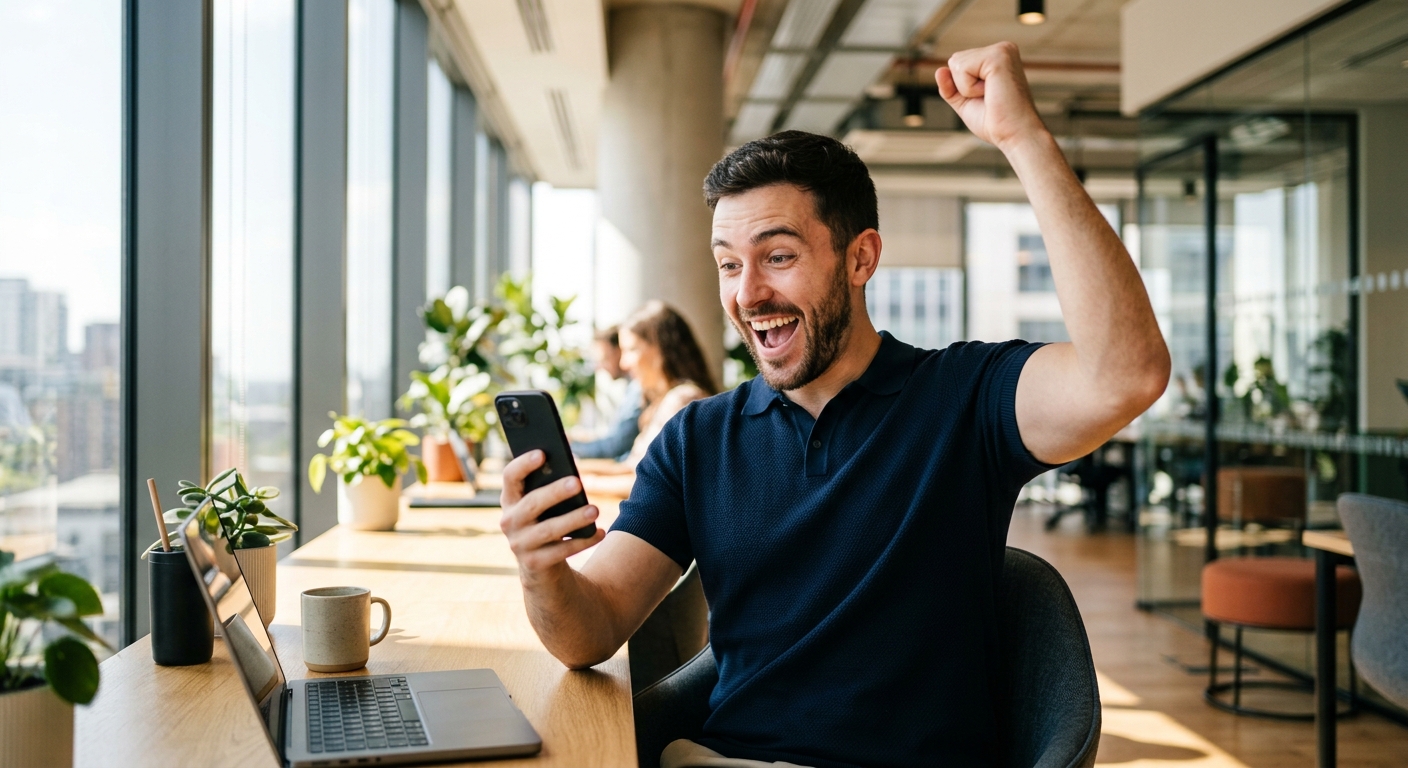 Мужчина получает известие о повышении по службе.