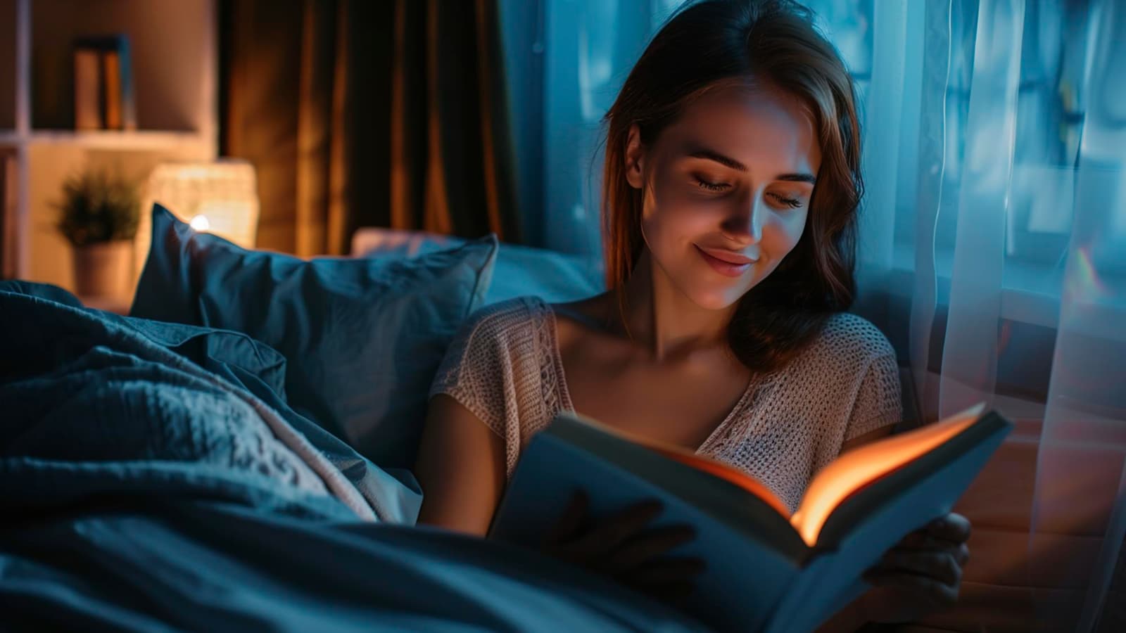 девушка читает книгу перед сном