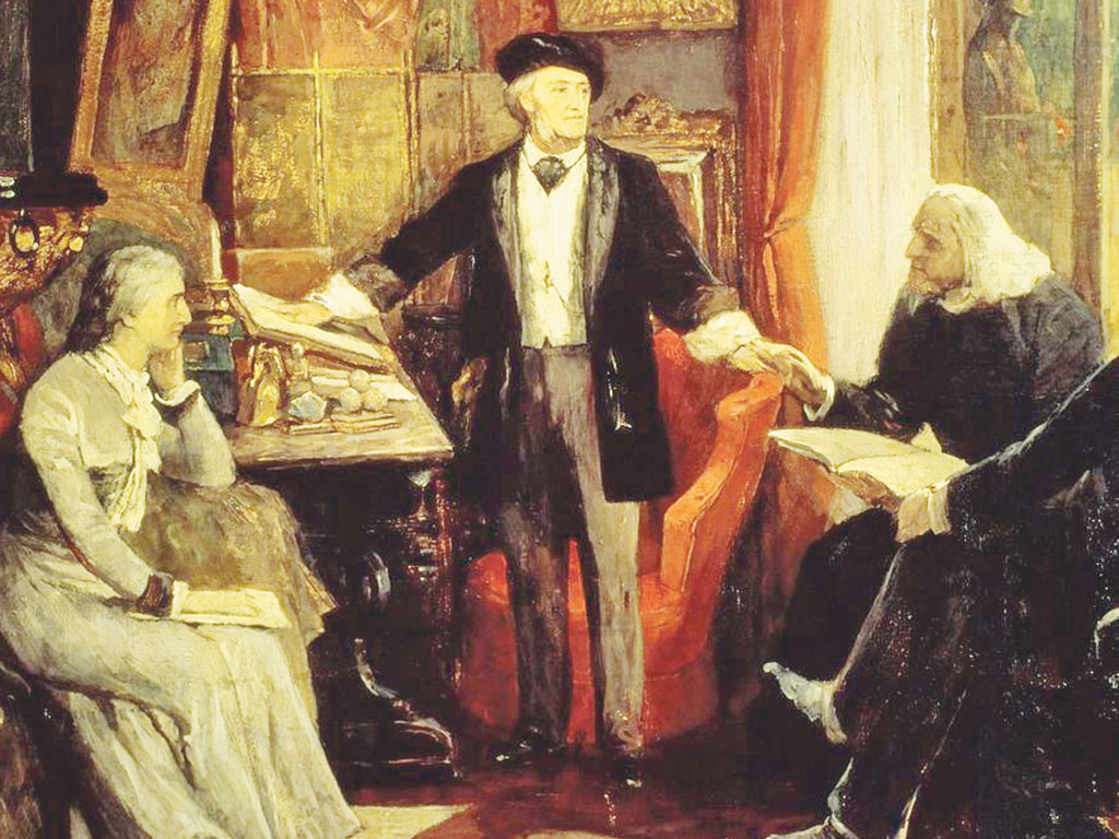 В. Бекман, 1882 г. «Рихард Вагнер на вилле «Ванфрид» в Байроте». На фрагменте картины: Козима, Рихард Вагнер и Франц Лист