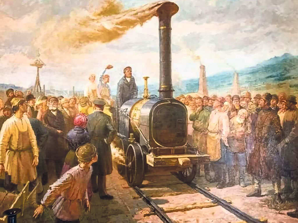 Художник П. Бортнов. 1956 г. Пуск паровоза Черепановых в 1834 г.
