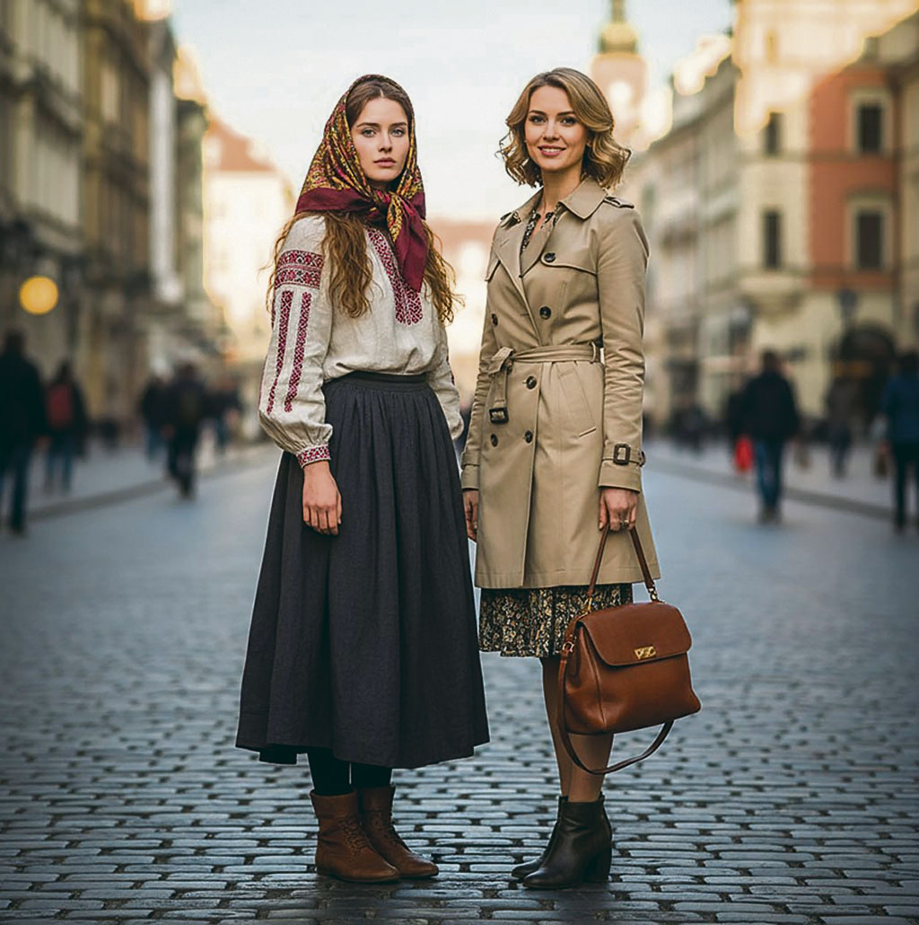 Изображение, сгенерированное моделью Nano Banana (компания-разработчик Google) в ответ на запрос автора изобразить типичную россиянку и типичную европейку. В отличие от старомодно одетой россиянки на изображении ИИ европейка выглядит современно. Доходчивая иллюстрация идеологии цивилизационного превосходства Запада, представляющей незападный мир архаичным