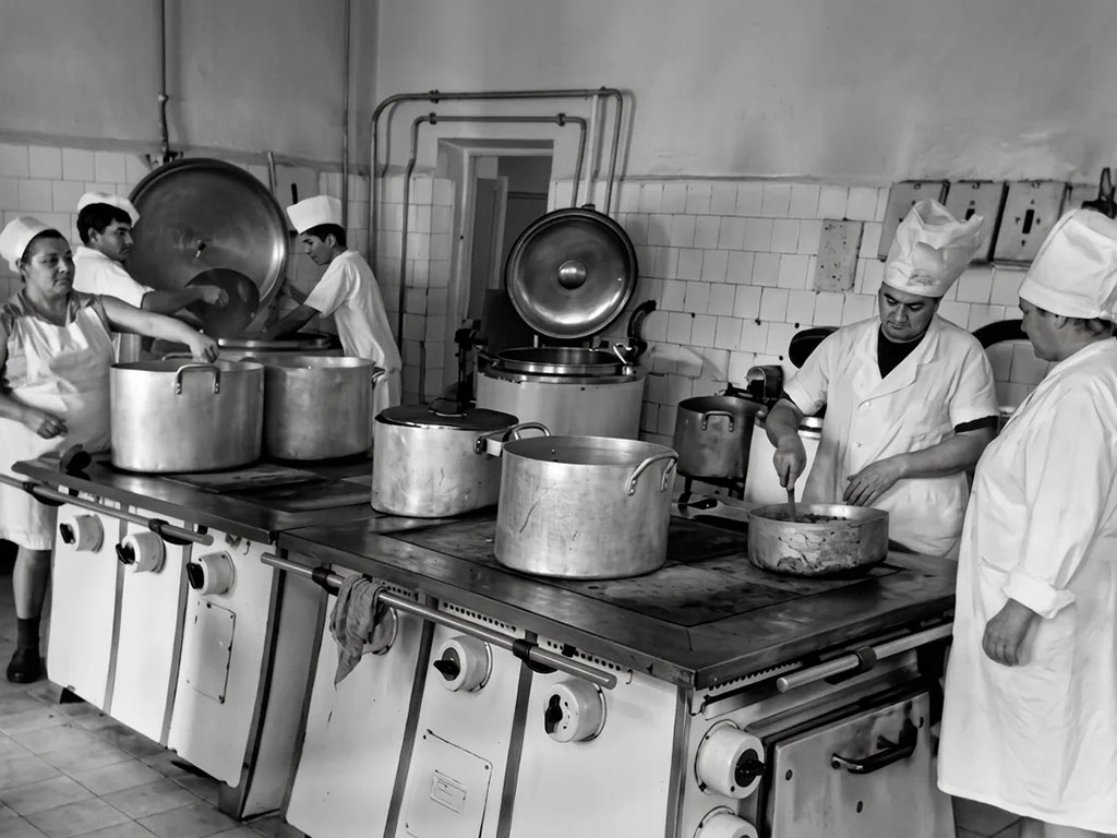 На кухне офицерской столовой. В. Г. Осина крайняя справа. Город Ленинск, 1970 год. Фото из семейного архива В. Г. Осиной