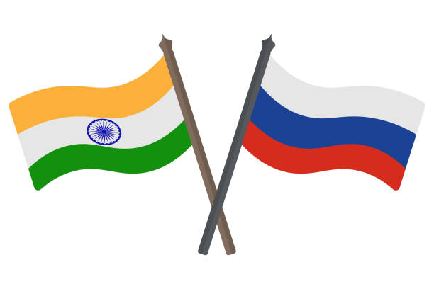 Flag of Russia and India. Banner crossed among themselves. Color vector illustration. Symbols of the states. Political themes. Flat style. National sign. Isolated background. Idea for web design.