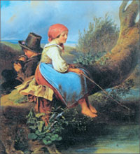 Маттиас Ранфтль. «Девочка за рыбной ловлей», 1845